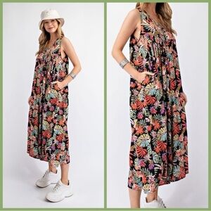 EASEL "Tropical Vibes" Lightweight & Oversized V-Neck Sleeveless Romper Jumpsuit
